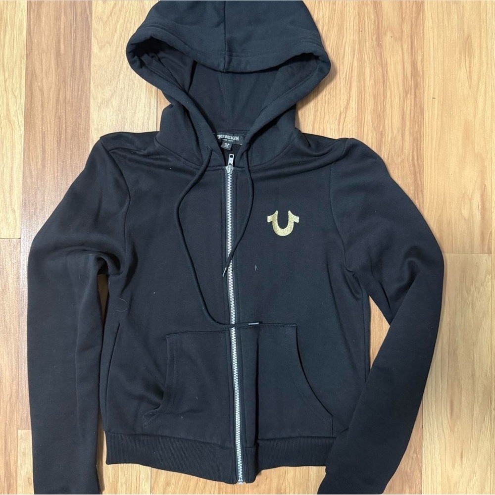 True Religion Black Zip-Up Hoodie with Gold Logo